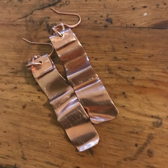 Long Pure Copper Solid Tribal Rustic Earrings Drop Boho Handmade Organic Folded - Picture 6 of 7